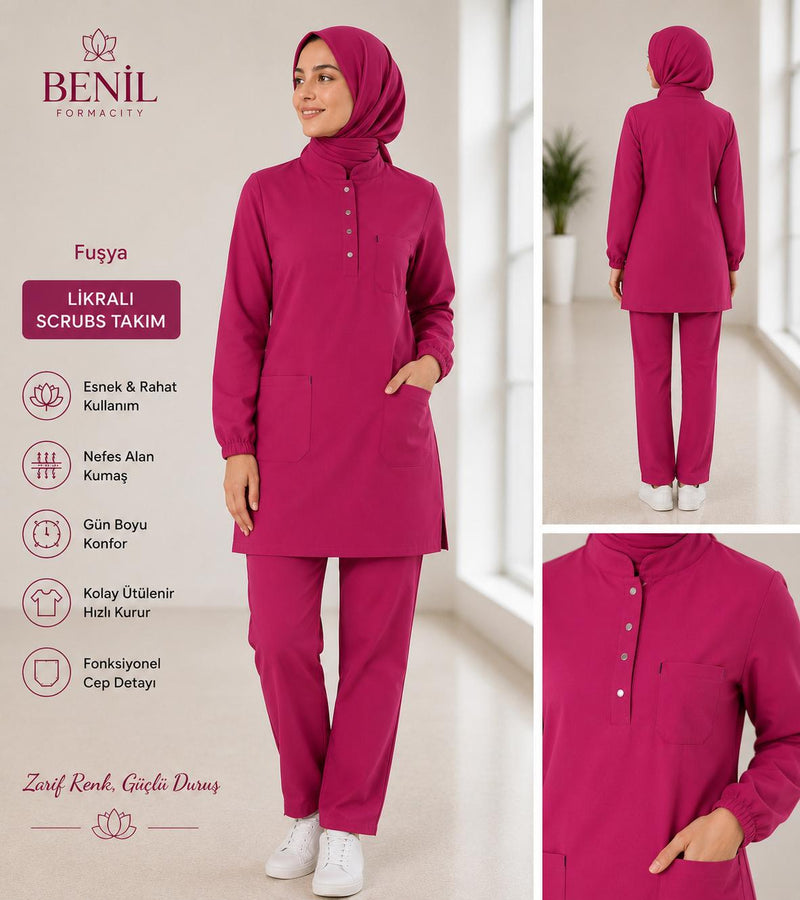 Fusya Hakim Yaka Çıtçıtlı Tesettür Scrubs Takım