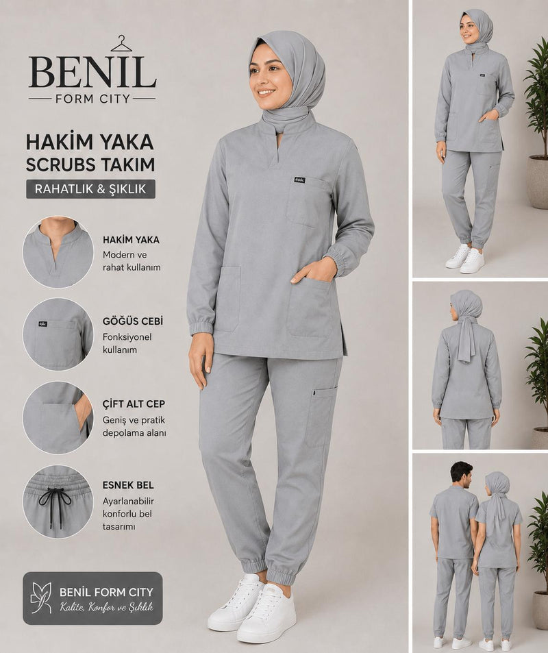 Gri Hakim Yaka Çıtçıtlı Tesettür Scrubs Takım