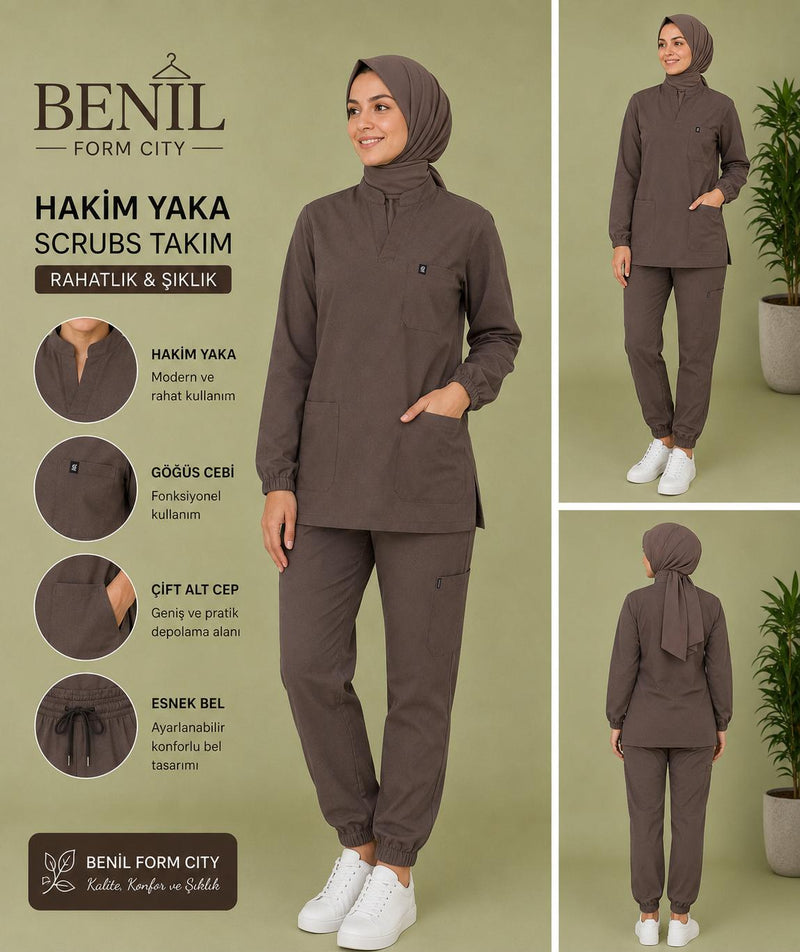 Kahve Hakim Yaka Çıtçıtlı Tesettür Scrubs Takım