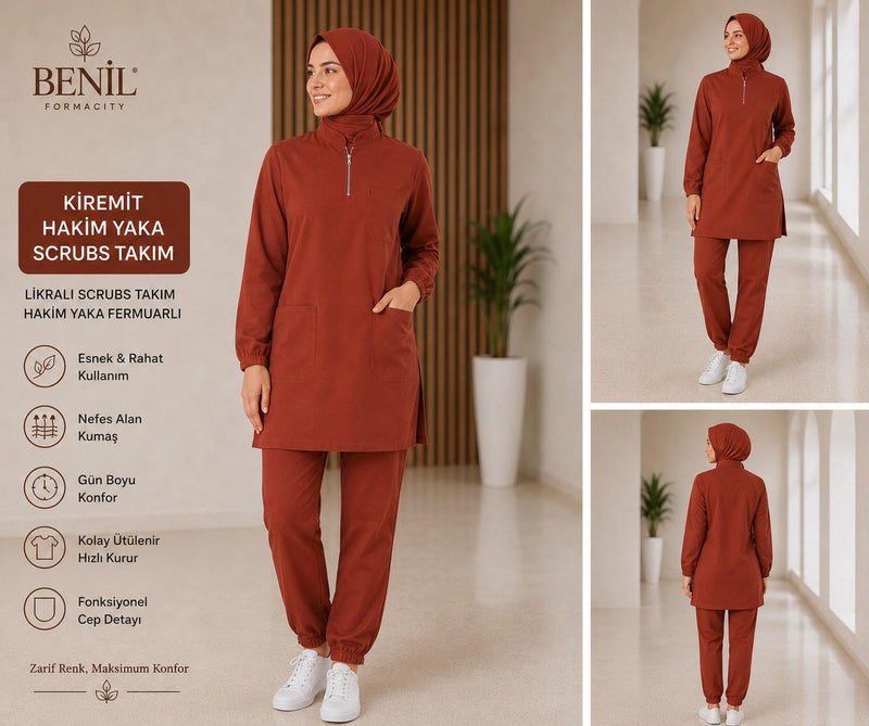 Kiremit Hakim Yaka Çıtçıtlı Tesettür Scrubs Takım