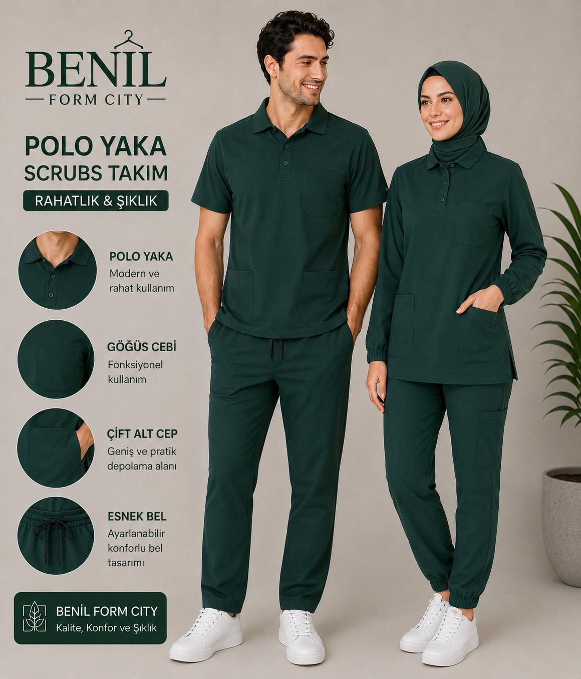 Koyu Yeşil Hakim Yaka Çıtçıtlı Tesettür Scrubs Takım