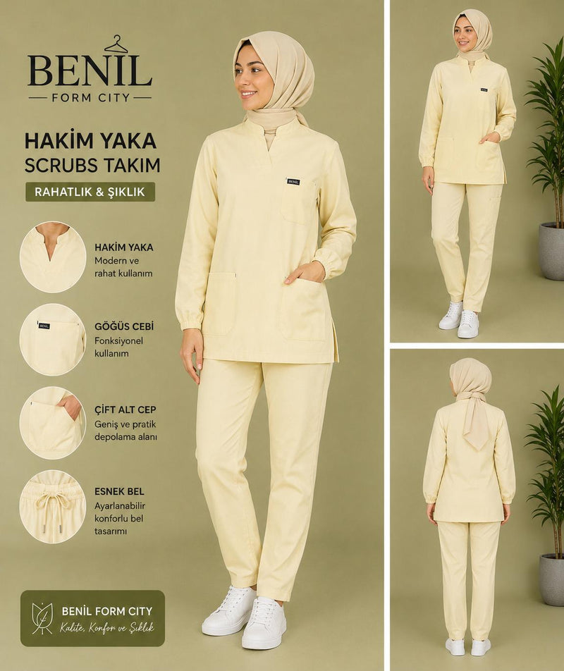 Krem Hakim Yaka Çıtçıtlı Tesettür Scrubs Takım
