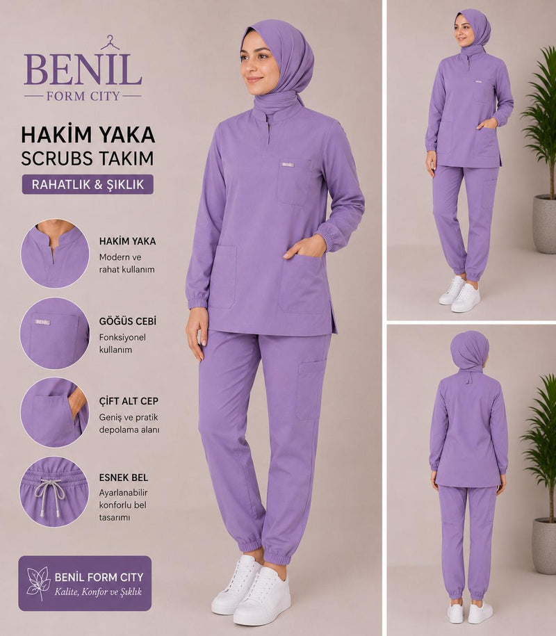 Lila Hakim Yaka Çıtçıtlı Tesettür Scrubs Takım