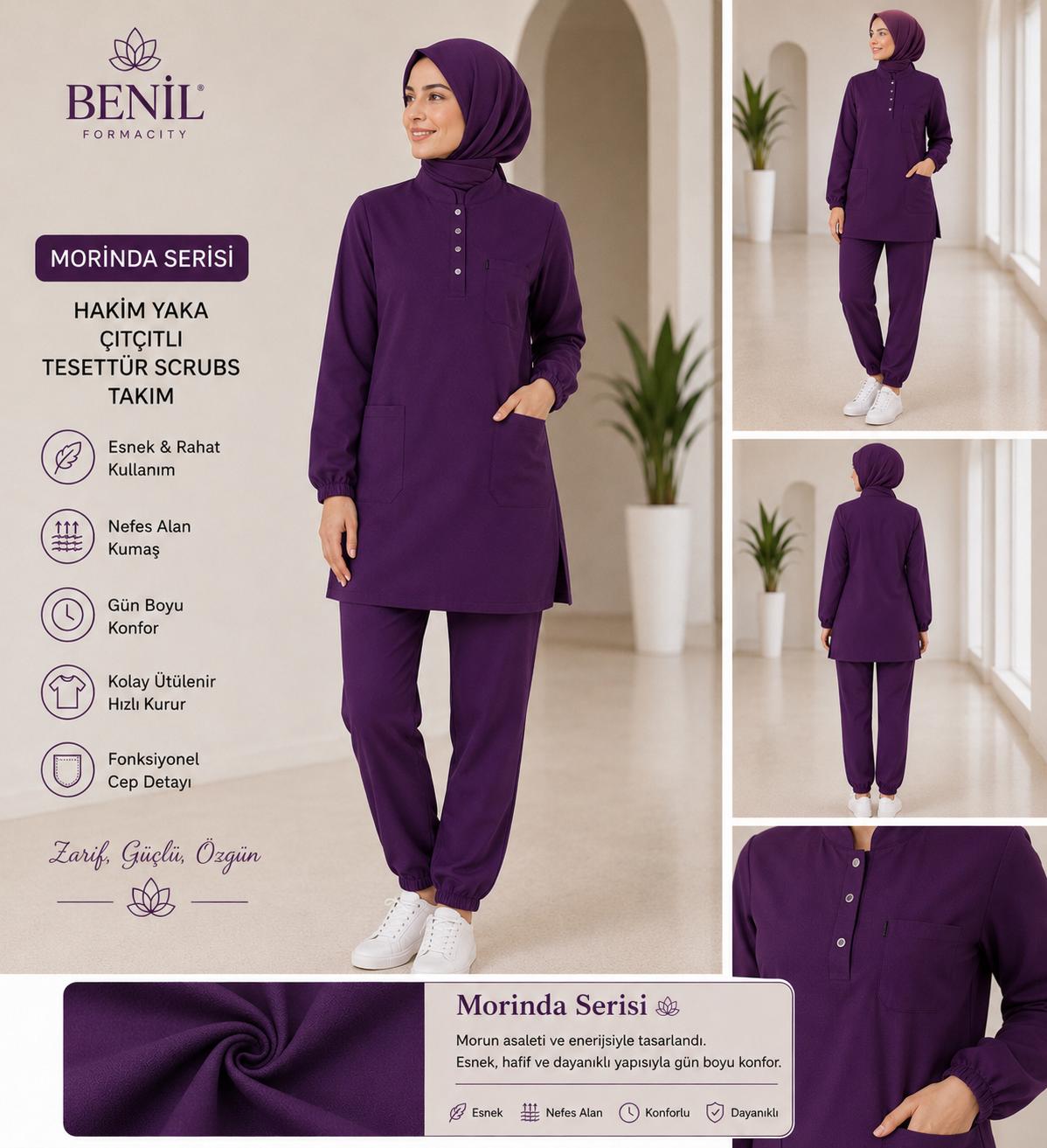 Mor Hakim Yaka Çıtçıtlı Tesettür Scrubs Takım