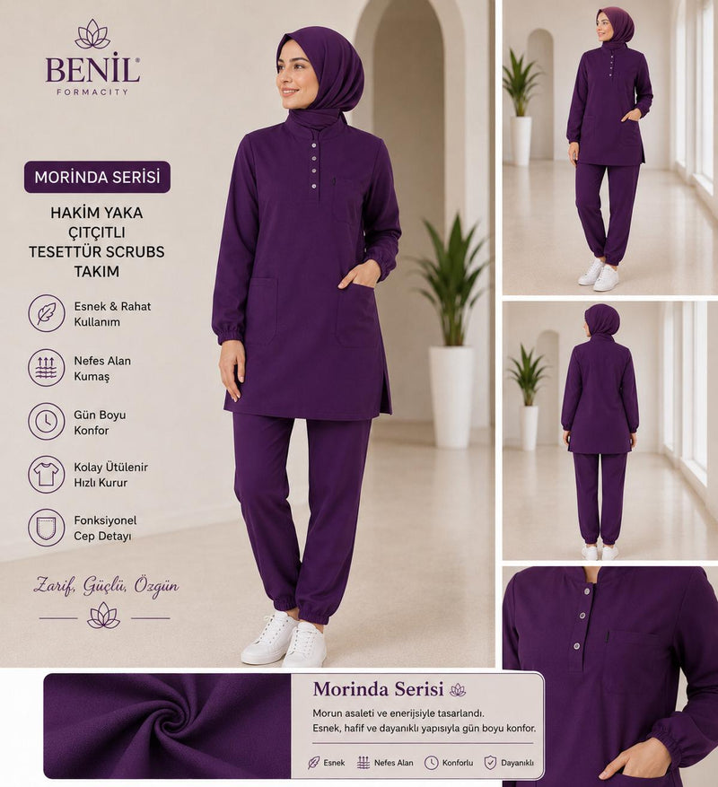 Mor Hakim Yaka Çıtçıtlı Tesettür Scrubs Takım