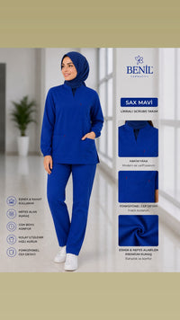 Sax Mavi Hakim Yaka Çıtçıtlı Tesettür Scrubs Takım