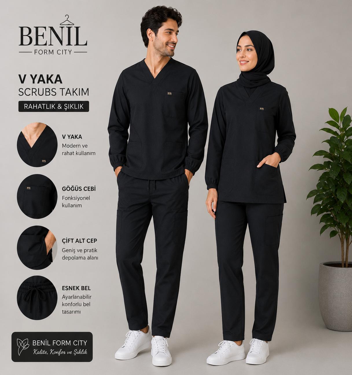 Siyah Hakim Yaka Çıtçıtlı Tesettür Scrubs Takım