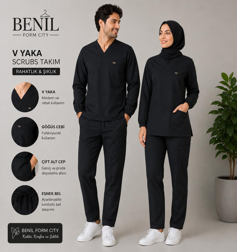 Siyah Hakim Yaka Çıtçıtlı Tesettür Scrubs Takım