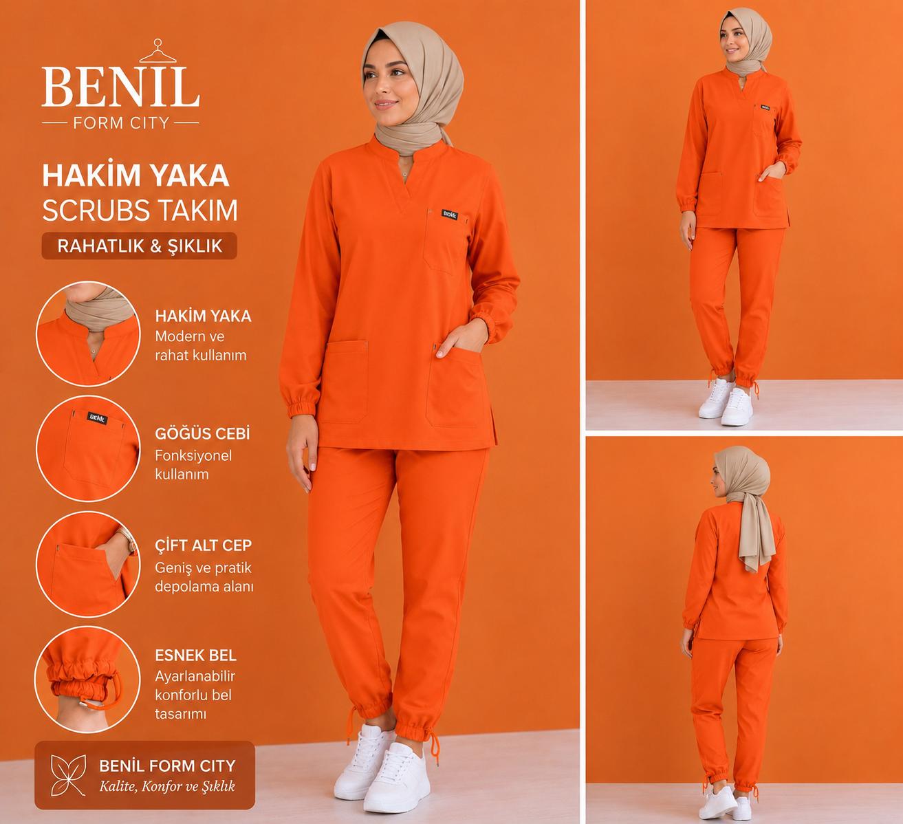 Turuncu Hakim Yaka Çıtçıtlı Tesettür Scrubs Takım