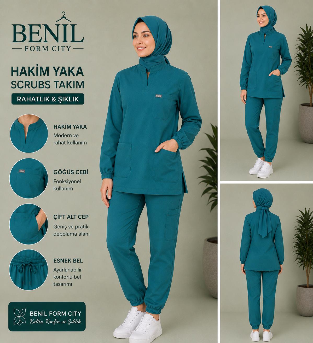 Zümrüt Hakim Yaka Çıtçıtlı Tesettür Scrubs Takım