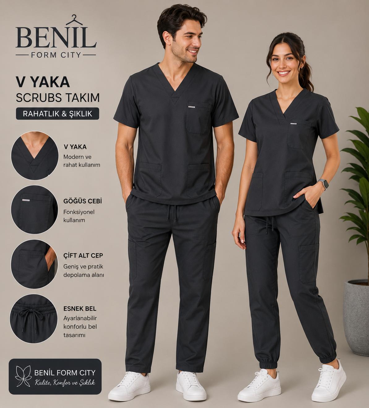 Antrasit V Yaka Likralı Scrubs Takım