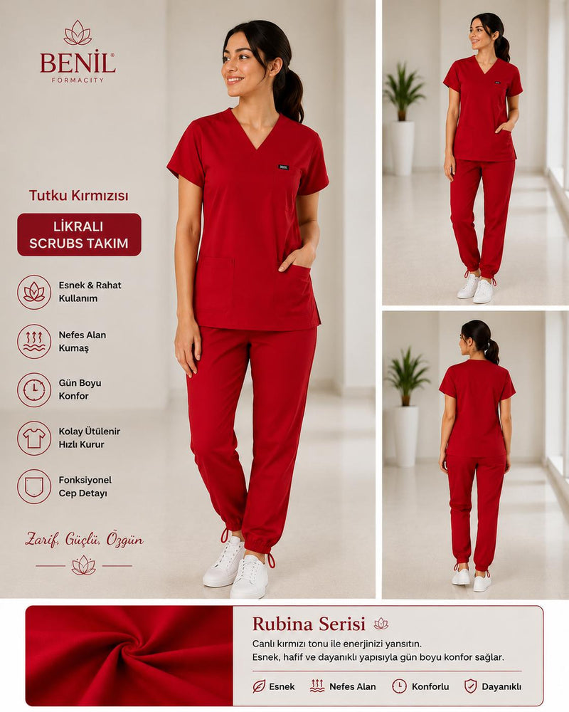 Bordo V Yaka Likralı Scrubs Takım