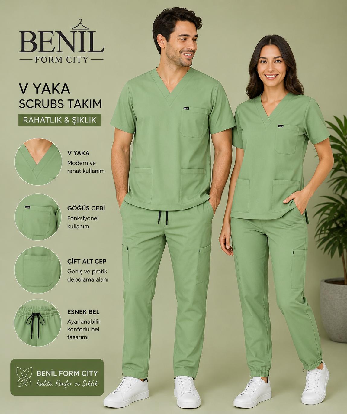 Fıstık Yeşili V Yaka Likralı Scrubs Takım