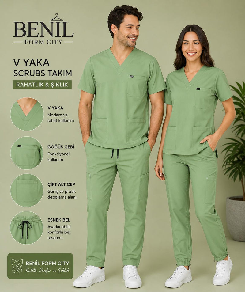 Fıstık Yeşili V Yaka Likralı Scrubs Takım