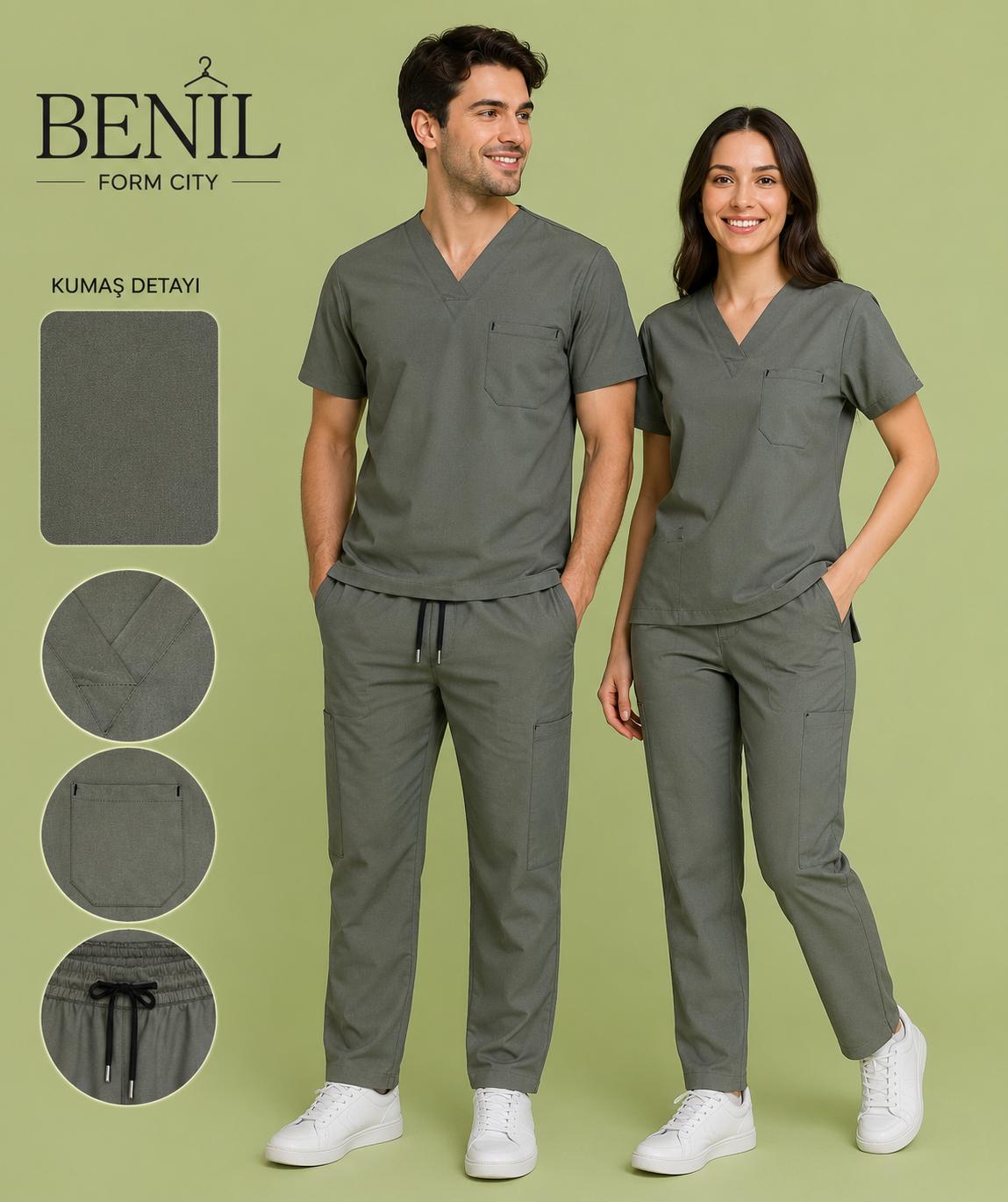 Gri V Yaka Likralı Scrubs Takım