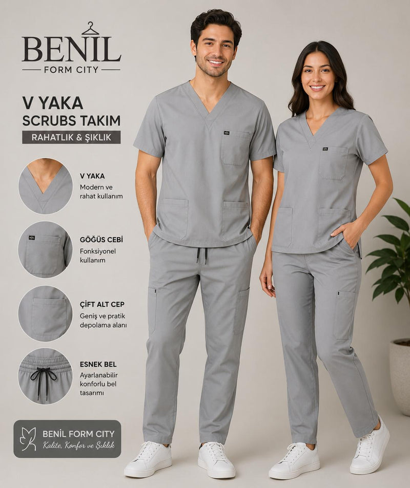 Gri V Yaka Likralı Scrubs Takım