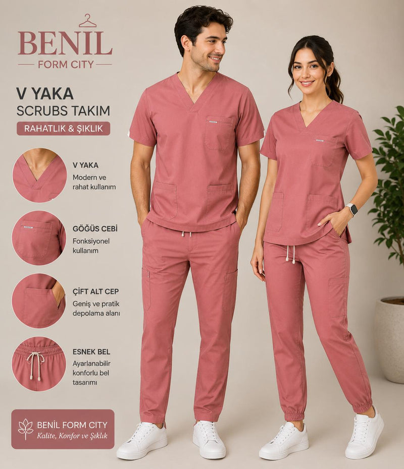 Gül Kurusu V Yaka Likralı Scrubs Takım