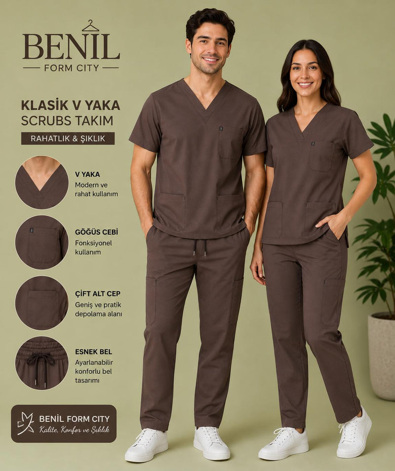 Kahve V Yaka Likralı Scrubs Takım