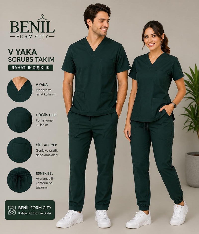 Koyu Yeşil V Yaka Likralı Scrubs Takım