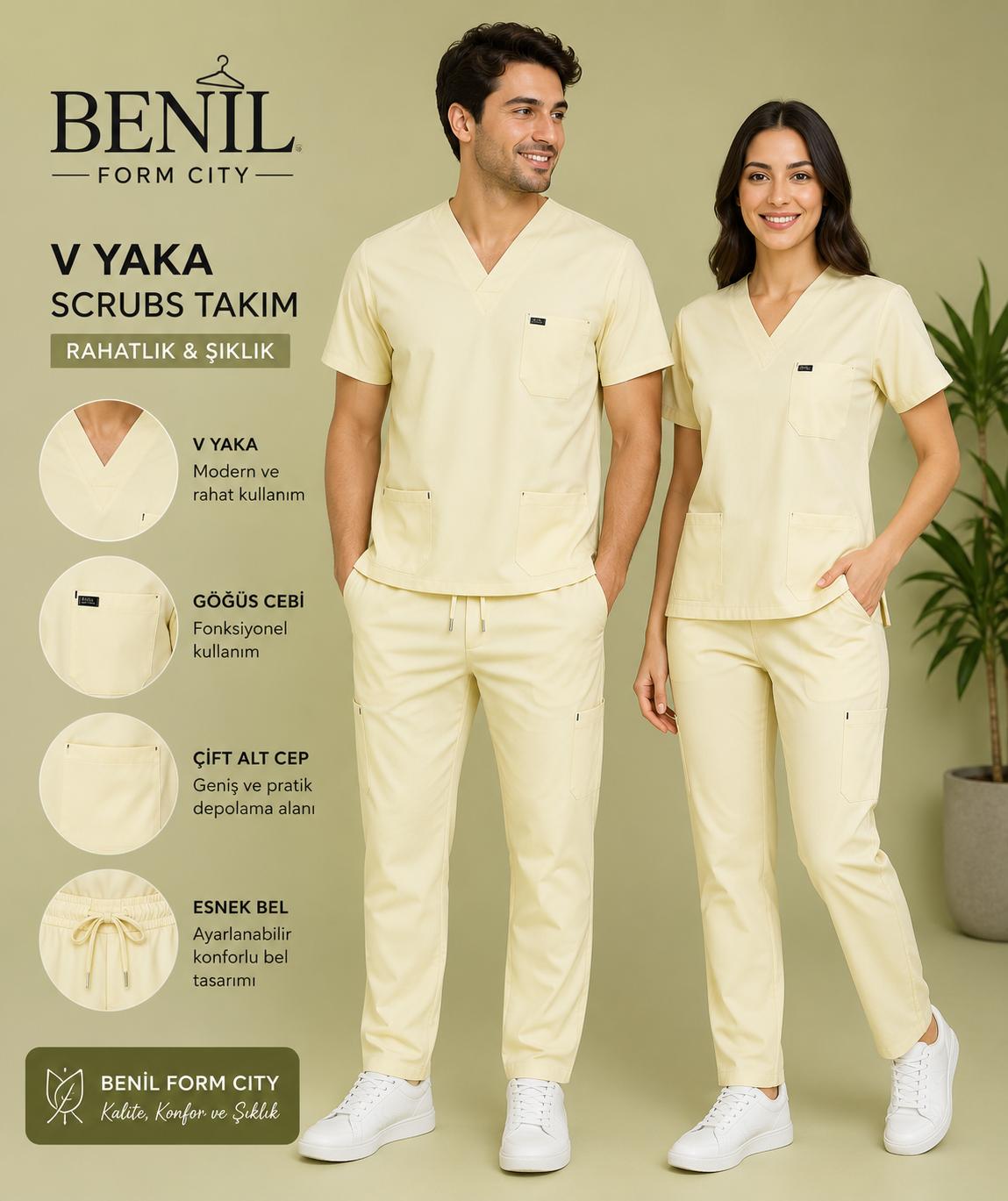 Krem V Yaka Likralı Scrubs Takım