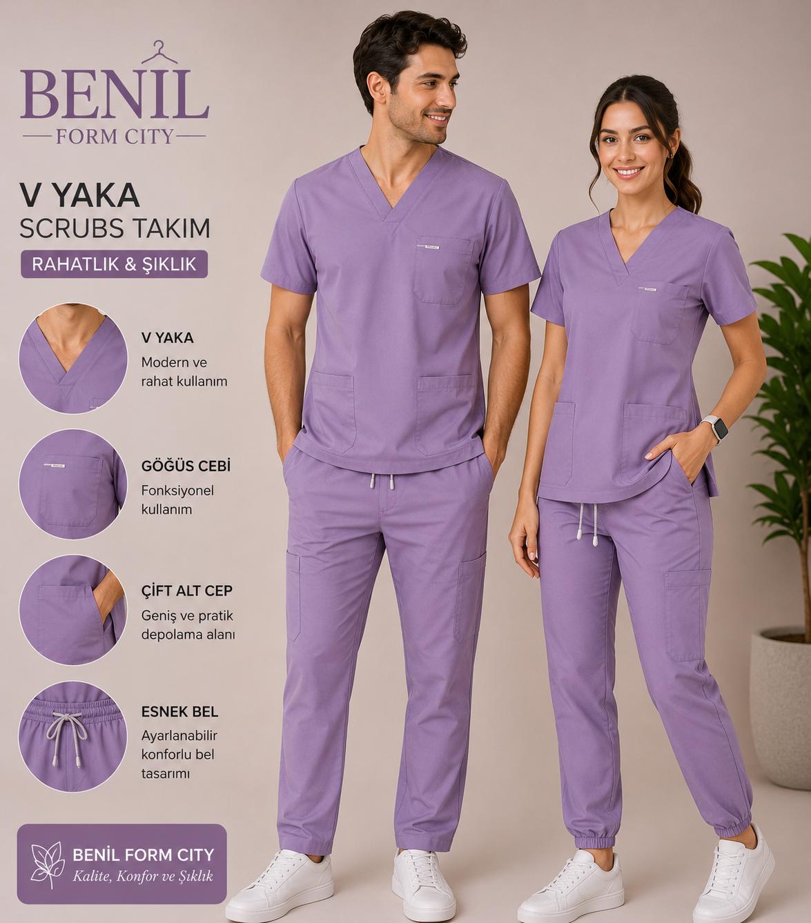 Lila V Yaka Likralı Scrubs Takım