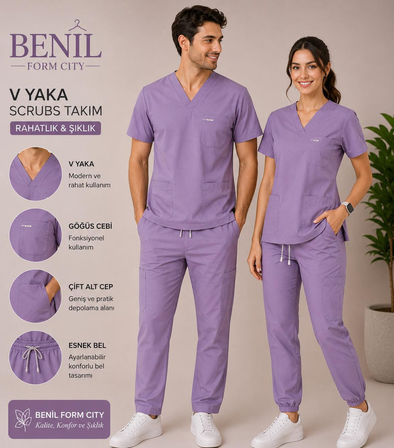 Lila V Yaka Likralı Scrubs Takım