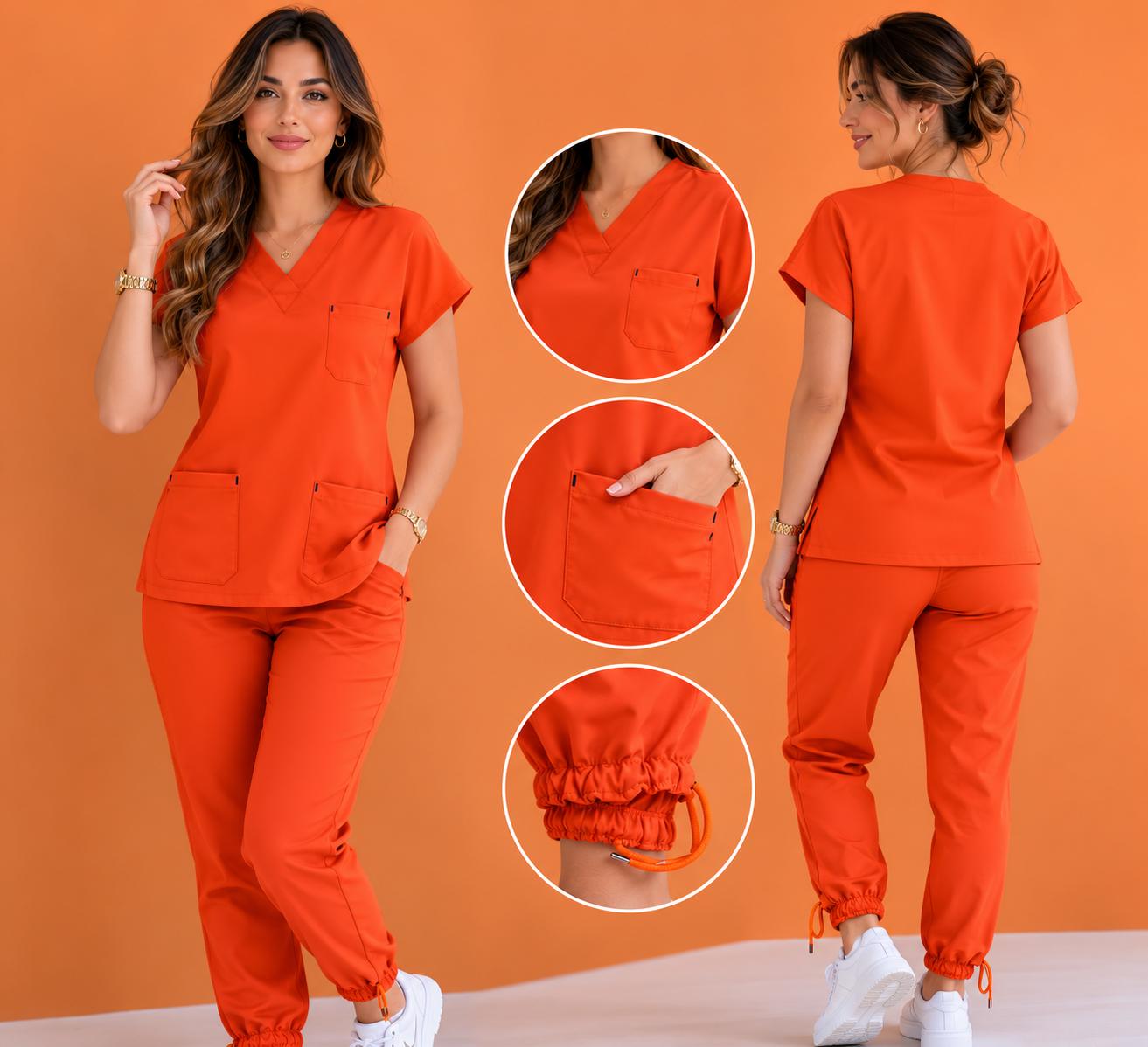 Turuncu V Yaka Likralı Scrubs Takım