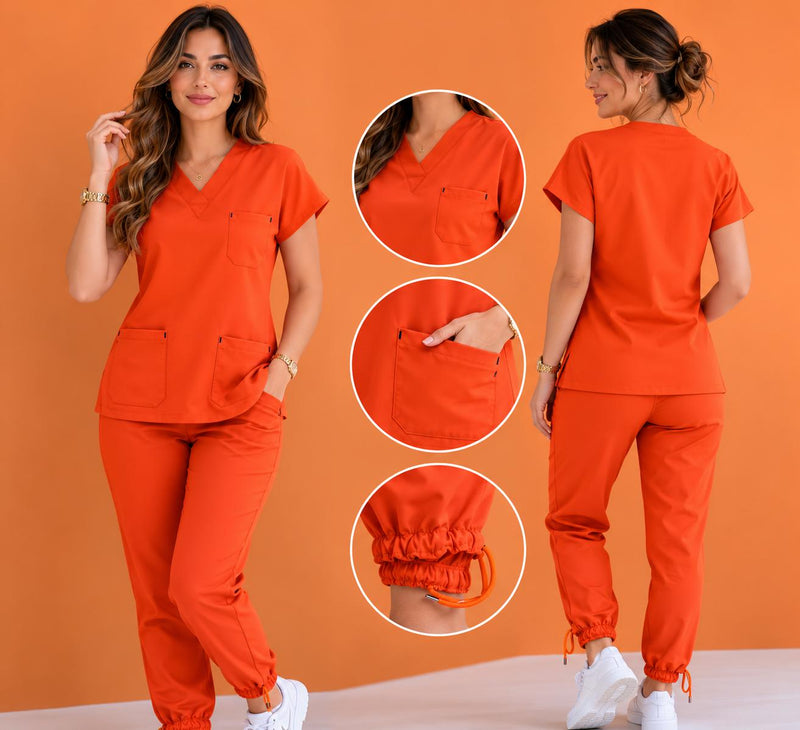 Turuncu V Yaka Likralı Scrubs Takım