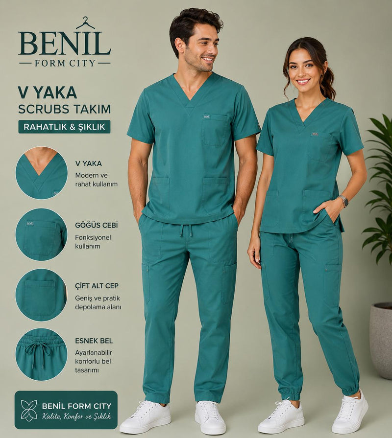 Zümrüt V Yaka Likralı Scrubs Takım